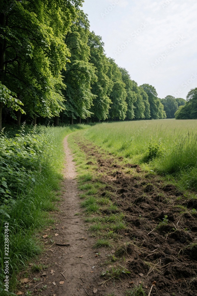 Fototapeta premium Tall green trees border meadow in summer. Muddy dirt path runs through grassy field. Damaged soil, messy earth trail create contrast with pristine woodland. Natural landscape shows wild park scenery