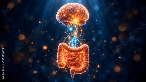 3D illustration of the gut-brain axis showing glowing neural pathways connecting the human brain and intestines representing digestive and mental health