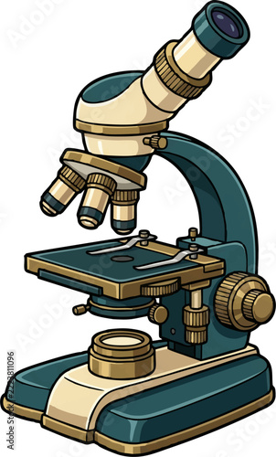 Microscope Illustration Featuring Optical Lenses and Scientific Laboratory Equipment