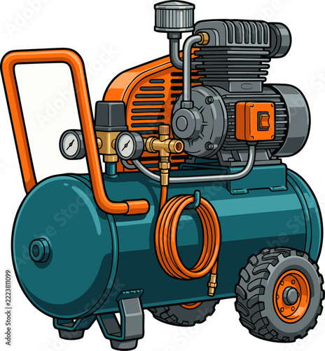 Air Compressor Illustration with Orange Handle and Hose for Garage Workshop and Construction