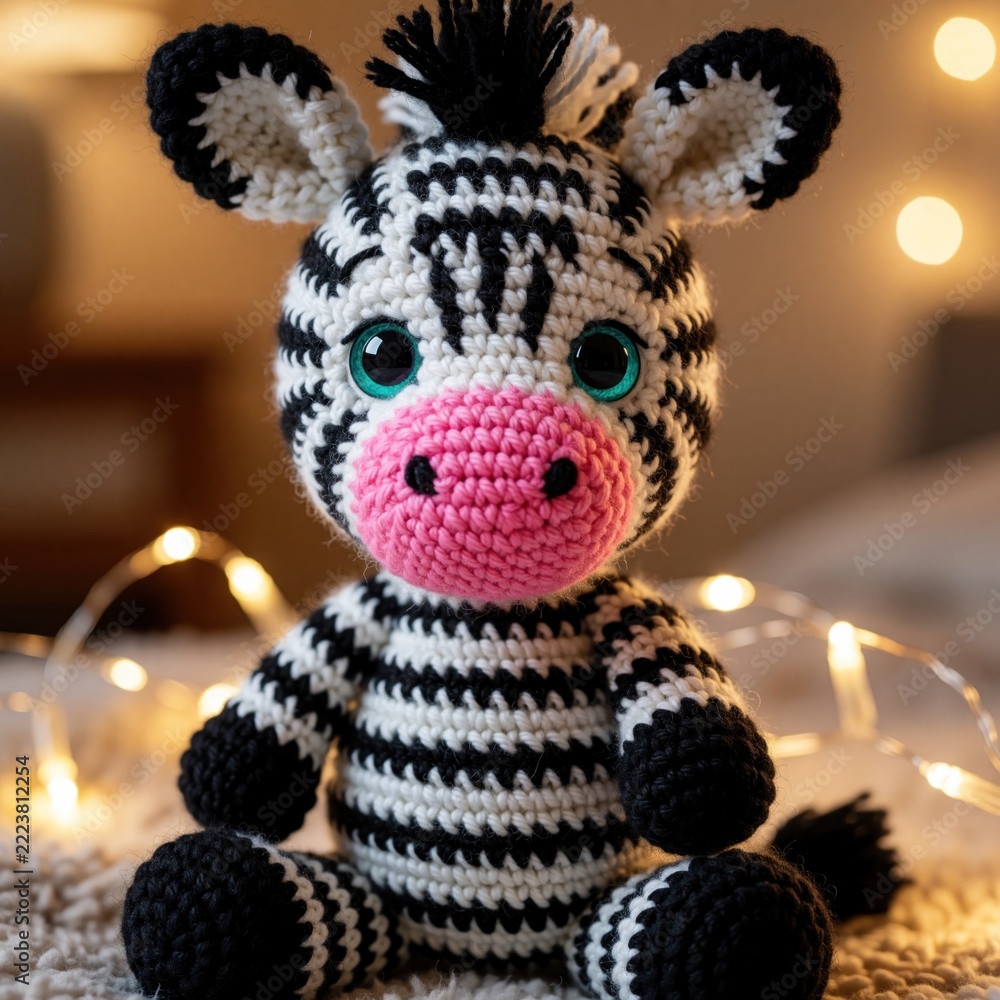 Naklejka premium Cute crochet zebra stuffed animal sits on soft white rug. Handmade knitted toy with pink nose, big green eyes. Small black, white striped plushie decorates room with bokeh fairy lights. Ideal gift