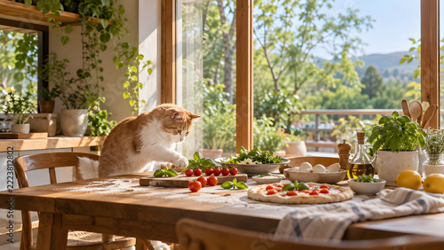 Ginger Cat Exploring Fresh Ingredients on a Rustic Kitchen Table