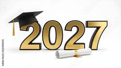 Academic achievement celebration featuring a shiny gold 2027 numeric year design with a black graduation cap and diploma