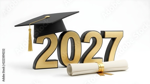 Academic achievement celebration featuring a shiny gold 2027 numeric year design with a black graduation cap and diploma