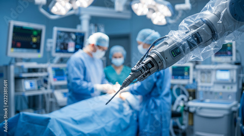 Robotic surgery arm performing medical procedure with surgical team in modern hospital operating room