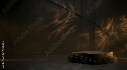 Minimalist product display podium made of dark stone with soft warm lighting and decorative dried branches