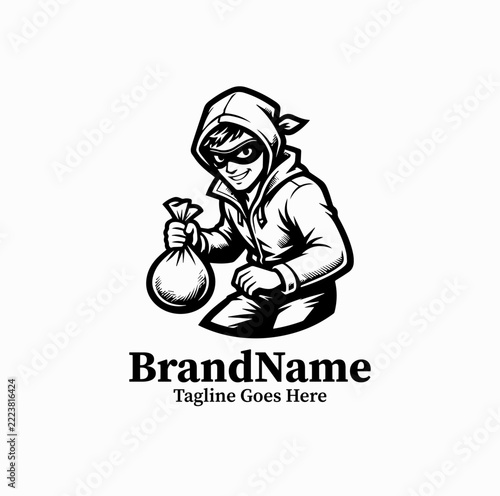 Black Vector Logo Bandit Character Mascot — Crime & Mystery Symbol Isolated on White Background
