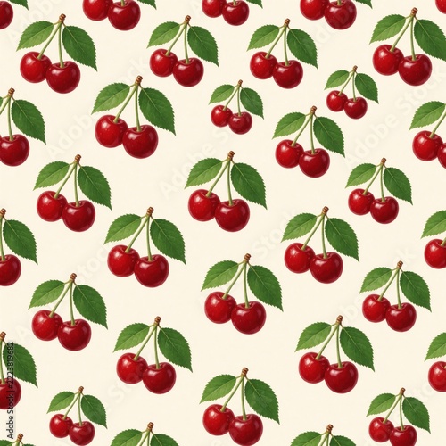 Seamless pattern with red ripe cherries, green leaves. Sweet summer fruit illustration on beige background. Fresh organic berry wallpaper for textile design, food packaging kitchen decor. Healthy