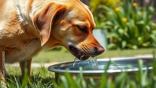 Dog drinking water from metal bowl in backyard, pet hydration and thirst