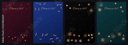 New Year celebration greeting card template set with Cheers to 2027 text and golden confetti. Dark burgundy, deep blue, black, and emerald green backgrounds featuring festive glittering particles