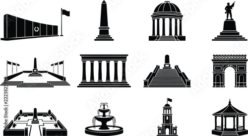 National memorial and public park monuments icons set for war memorial wall, obelisk, triumphal arch, gazebo and soldier statue