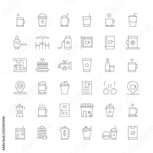 Coffee shop line icon set with espresso machine, paper cup, coffee grinder, menu clipboard, and cafe elements for UI UX design