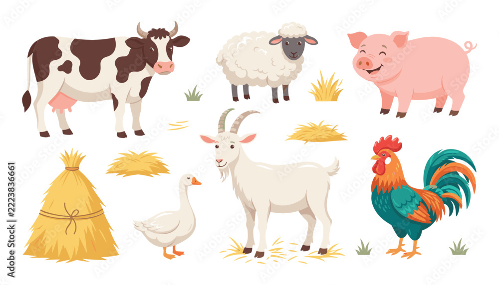 Fototapeta premium Farm animals cute cartoon livestock vector element set. Cow, sheep, pig, goat, rooster, duck, haystacks and country agriculture decoration.