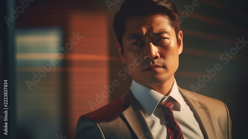 Intense Portrait of a Man in a Suit, Dramatic Lighting, Serious Expression, Corporate Setting.