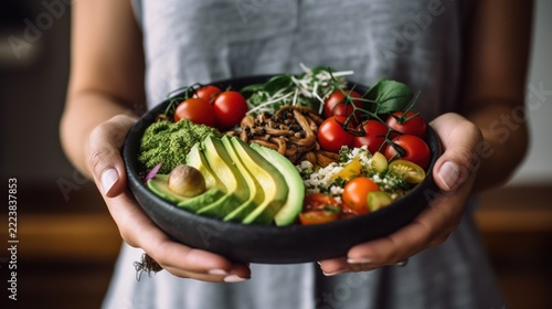 Woman Holding a Delicious and Healthy Salad Bowl with Fresh Vegetables and Avocado.