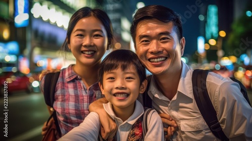 Joyful Asian Family Smiling Together Outdoors at Night, City Lights Background.