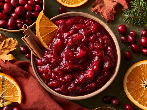 Realistic commercial photo of cranberry sauce flat lay with cranberries, orange slices, cinnamon sticks and autumn foliage, clean overhead composition