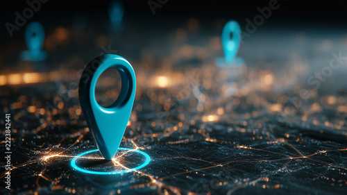 Location pins placed along a connected digital map illustrate GPS navigation and precise geographic tracking across a smart network.