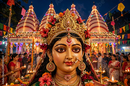 `Illustration Of Goddess Durga At Night Festival With Illuminated Temple And Devotees Holding Lamps`