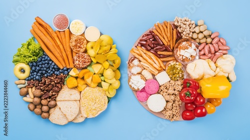 comparison. Healthy and unhealthy food comparison on a clean background, overhead studio shot. menu design, packaging mockups, designed for culinary blogs and recipe cards for restaurants.
