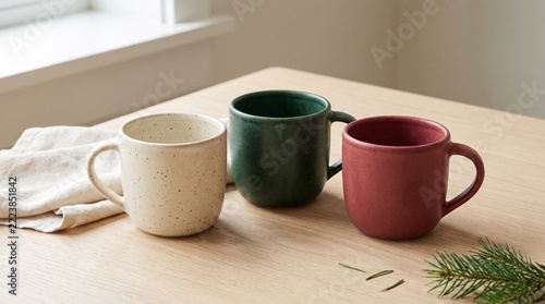 Three Handmade Speckled Ceramic Mugs on Wooden Table