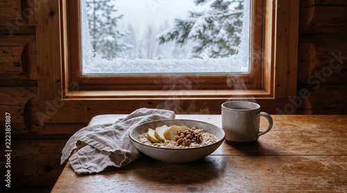 Hot Oatmeal Porridge with Pear and Walnuts by Snowy Window