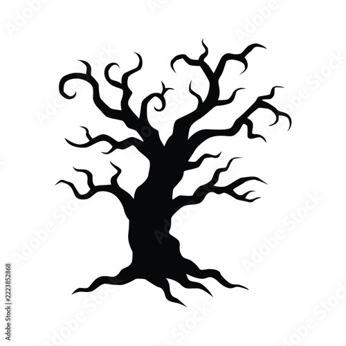 Black Gnarled Leafless Tree Silhouette Isolated on White Background