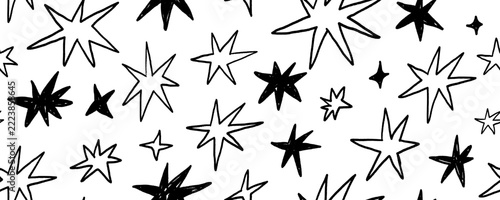 Cute doodle crayon star seamless pattern. Line celestial elements and texture silhouette star shapes. Childish doodle background for nursery wallpaper, textile design, baby or Birthday wrapping paper.
