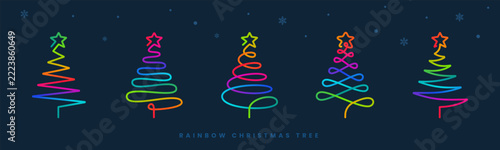 rainbow gradient continuous line christmas tree icons set