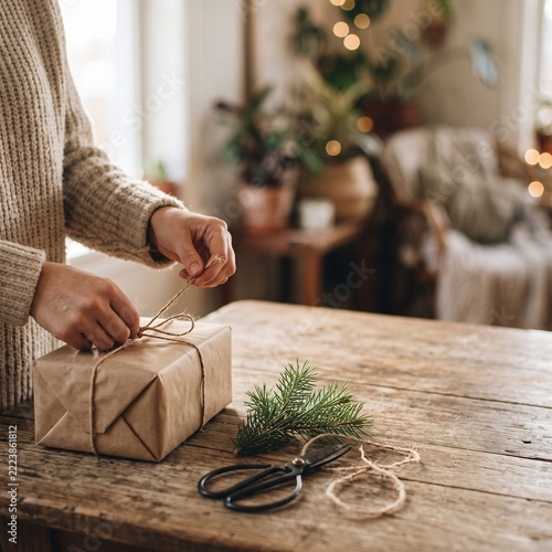 Hands tying twine around plain kraft gift box