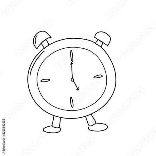 Cute Alarm Clock Illustration Black Outline Round Cartoon Time Object
