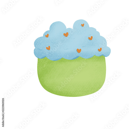 Cute Blue Cloud and Green Hill Illustration With Orange Hearts Pastel Landscape