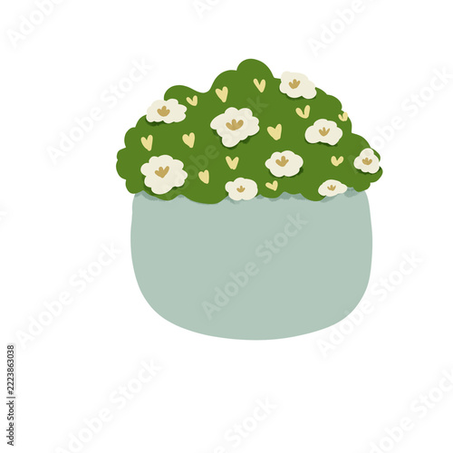 Cute Green Flower Pot Illustration With White Yellow Blossoms Pastel Botanical Plant