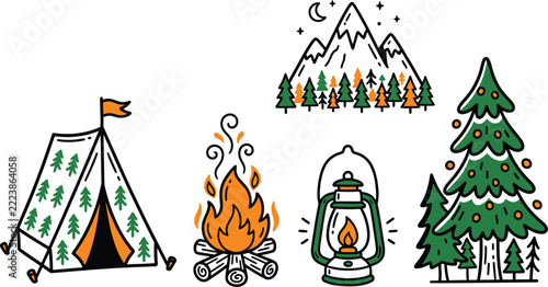 Camping and outdoor adventure elements with tent campfire lantern and trees.