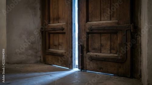 Creaky wooden door ajar with eerie light behind
