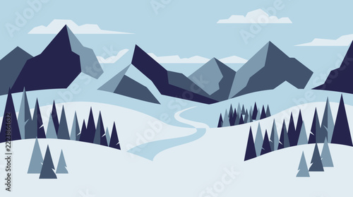 Majestic Winter Mountain Landscape with Winding River and Pine Trees.