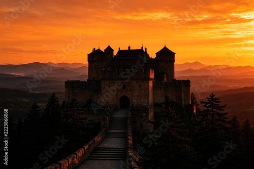 Medieval Castle on Hilltop at Sunset Stone Walls Bridge Forest Mountains Orange Sky