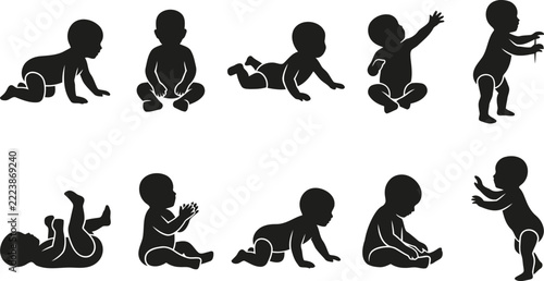 Fotografie Baby silhouette icons set showing growth stages and milestones vector illustrati