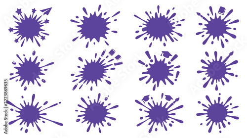 Set of abstract vector ink splashes with school supplies shapes
