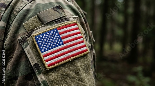 American flag patch on camouflage military uniform