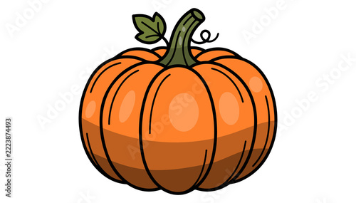 Orange pumpkin with green stem and leaf vegetable agriculture illustration seasonal thanksgiving halloween colorful