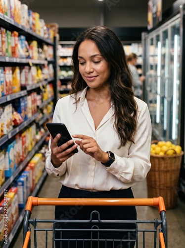 Smiling Woman Using Smartphone While Grocery Shopping in Supermarket Aisle.