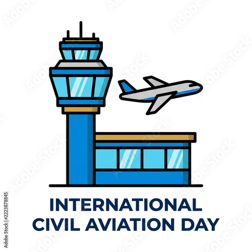 International Civil Aviation Day Control Tower with Airplane Taking Off Against Blue Sky