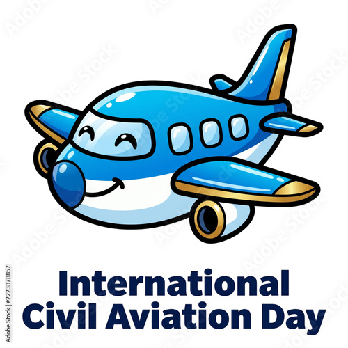 International Civil Aviation Day Cute Smiling Blue Airplane Character with Big Eyes Flying Happily
