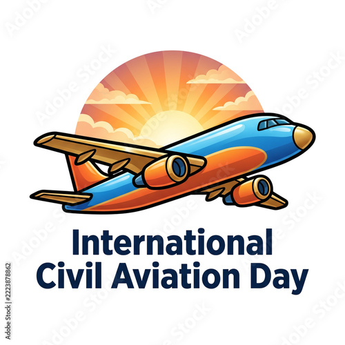 International Civil Aviation Day Commercial Airplane Flying Toward a Vibrant Orange Sunburst Sunset