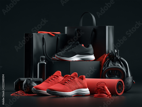 Realistic commercial photo of sports shoes, fitness accessories and black shopping bags arranged on a dark studio floor, seasonal retail shopping concept