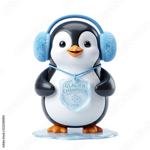 Cute Penguin 3D Render Wearing Blue Earmuffs Holding Glacier Champion 2024 Sign Isolated on White Background