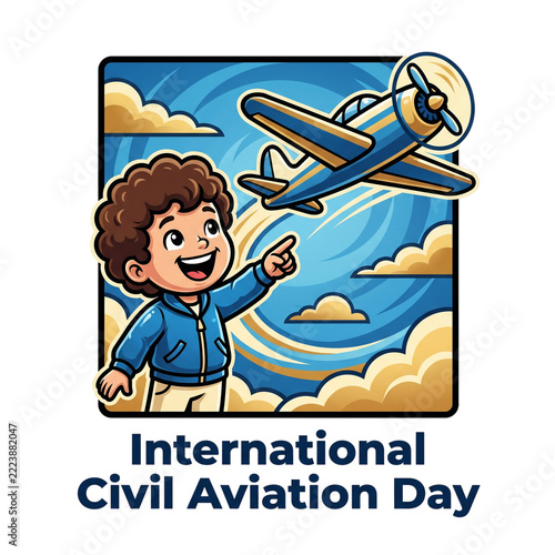International Civil Aviation Day Excited Young Boy Pointing at a Vintage Propeller Plane in the Sky