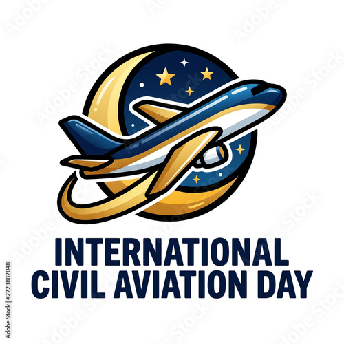 International Civil Aviation Day Sleek Modern Airplane Flying Past a Crescent Moon and Stars
