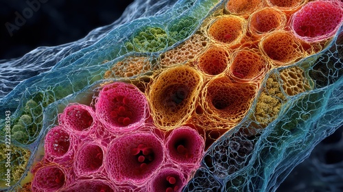 3D microscopic rendering of colorful Golgi apparatus organelle and cellular membrane structure